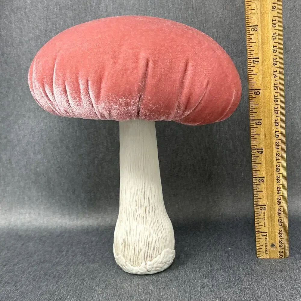 Velvet Mushroom Figurine Pink Plush Cottage Core Woodland Tabletop Decor 8 Inch